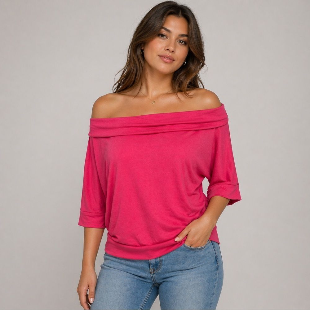 NWT New York & Company Off-Shoulder Solid Pink Fuchsia Top Half Sleeve size M